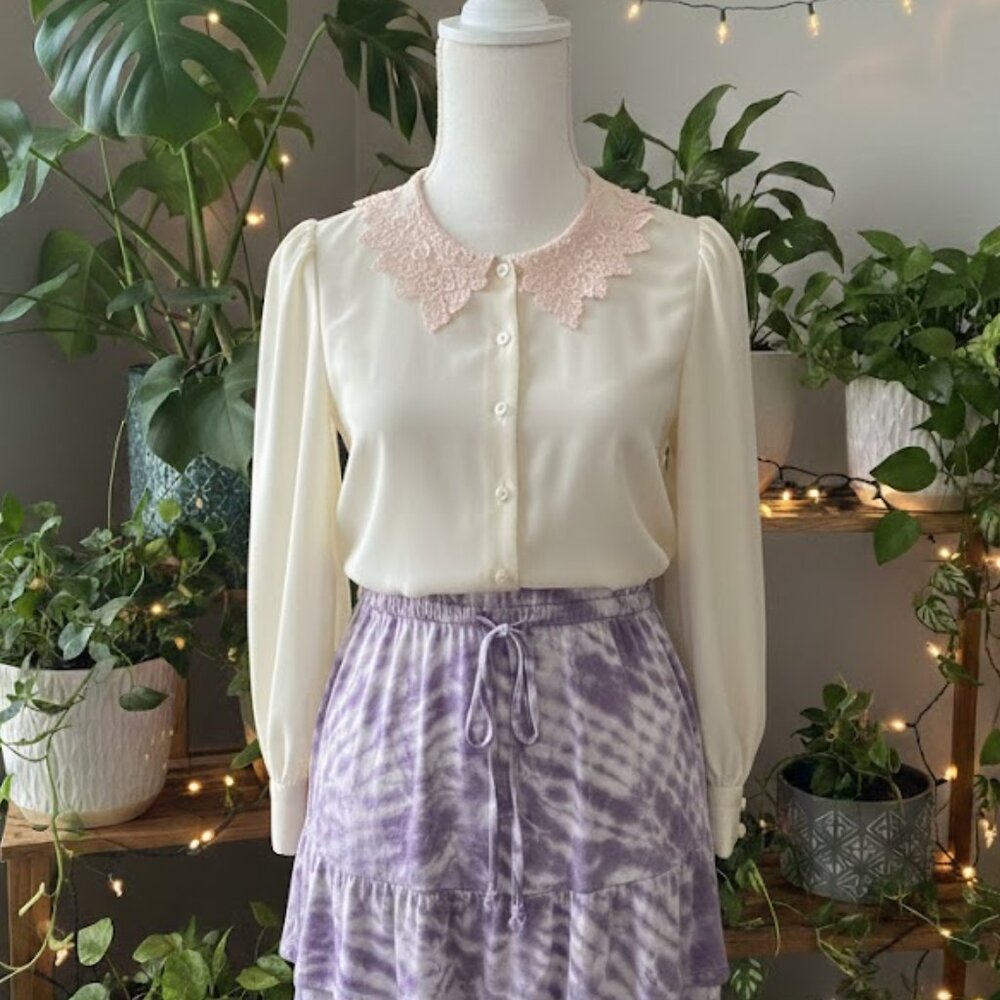 Vintage Judy Bond Cream Lace Collar Blouse Romantic Academia 80s Size 12 L/XL